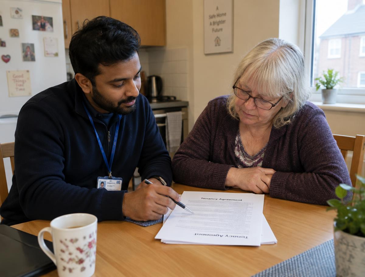 A support worker going through a tenancy agreement with a resident