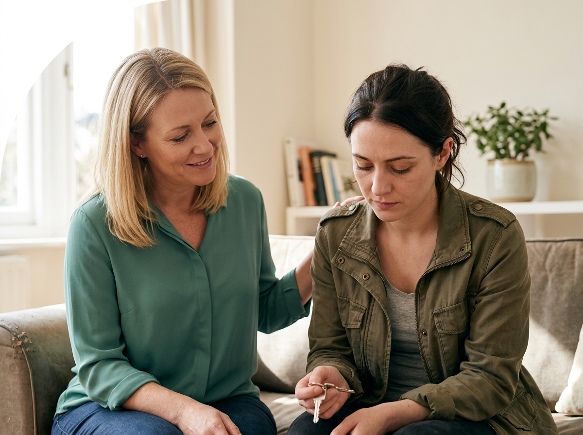 A support worker seated beside a young woman looking down at her new house keys
